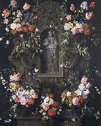 Garland of flowers with a sculpture of the Virgin Mary